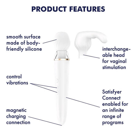 Image of the Satisfyer Double Wand-er against a white background with the title "Product Features". Features include "smooth surface made of body-friendly silicone", "control vibrations", "magnetic charging connection", "interchangeable head for vaginal stimulation", and "Satisfyer Connect enabled for an infinite range of programs". | Kinkly Shop