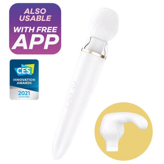 Satisfyer Double Wand-er in front of a white background. The secondary insertable head is also shown. The words "Also usable with free app" and "CES Innovation Awards 2021 Honoree" are also on the image. | Kinkly Shop