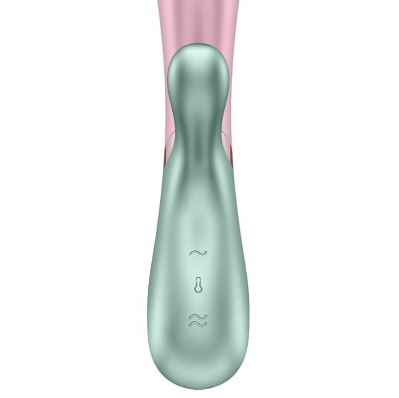 Close-up of the buttons on the Satisfyer Hot Lover. This image shows the three distinct buttons that control the toy including two separate motors and the heated functionality. | Kinkly Shop
