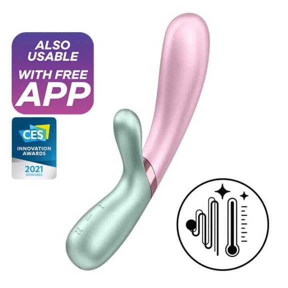 Satisfyer Hot Lover rabbit vibrator. Around it are various badges to display functionalities of the toy. One bubble says "Also Usable with Free App". Another bubble says "CES Innovation Awards 2021 Honoree." A third bubble shows a thermostat to signify the preheating functionality. | Kinkly Shop