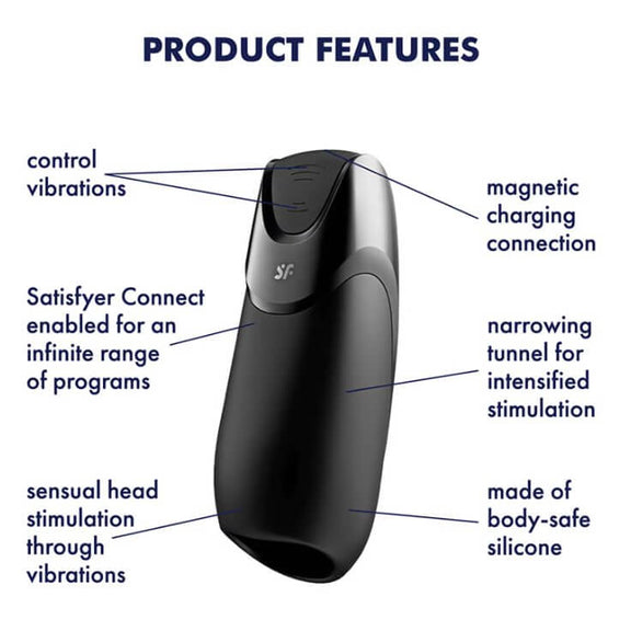The Satisfyer Men Vibration+ in front of a white background with arrows and written features pointing out different parts of the toy. The text reads: "Product Features. Control Vibrations. Satisfyer Connect enabled for an infinite range of programs. sensual head stimulation through vibrations. Magnetic charging connection. Narrowing tunnel for intensified stimulation. Made of body-safe silicone." | Kinkly Shop