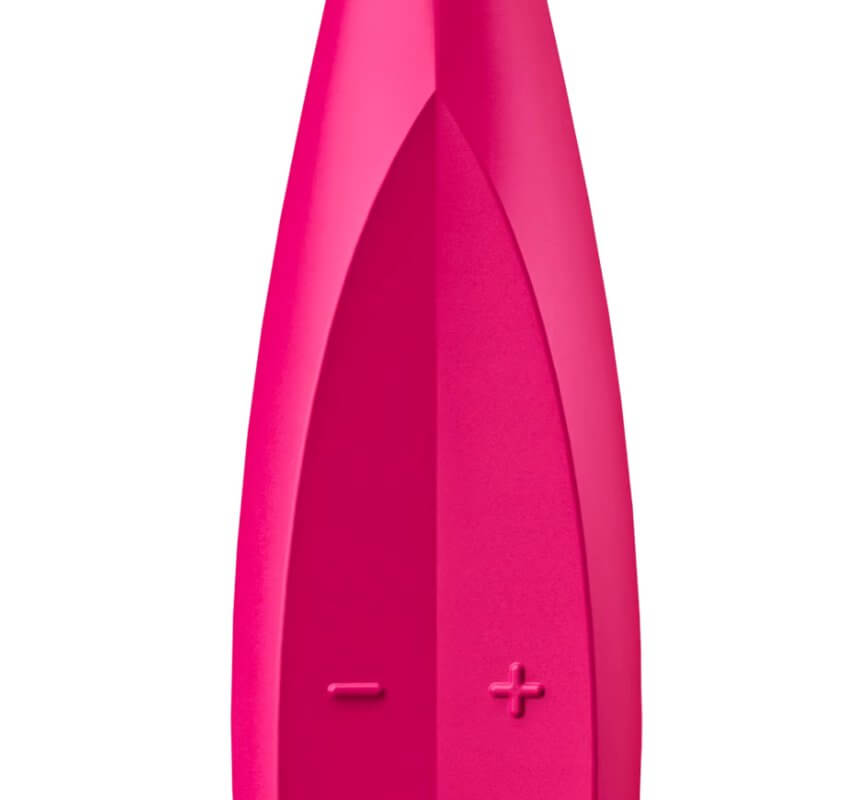 Close-up of the two control buttons on the handle of the Satisfyer Twirling Fun. It shows both a + and - button. | Kinkly Shop
