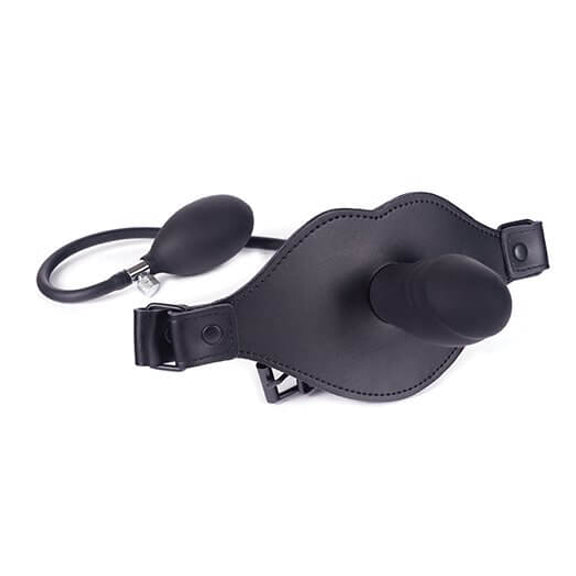 Spartacus Inflatable Penis Gag with the gag facing the camera. The penis-shape of the gag looks like the first two thirds of a biological penis, and this angle showcases the large, wide faceplate that the penis gag is attached to for comfort. The inflatation bulb can be seen in the background. | Kinkly Shop