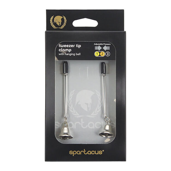 Spartacus Adjustable Nipple Clamps with Bells inside of its packaging. | Kinkly Shop