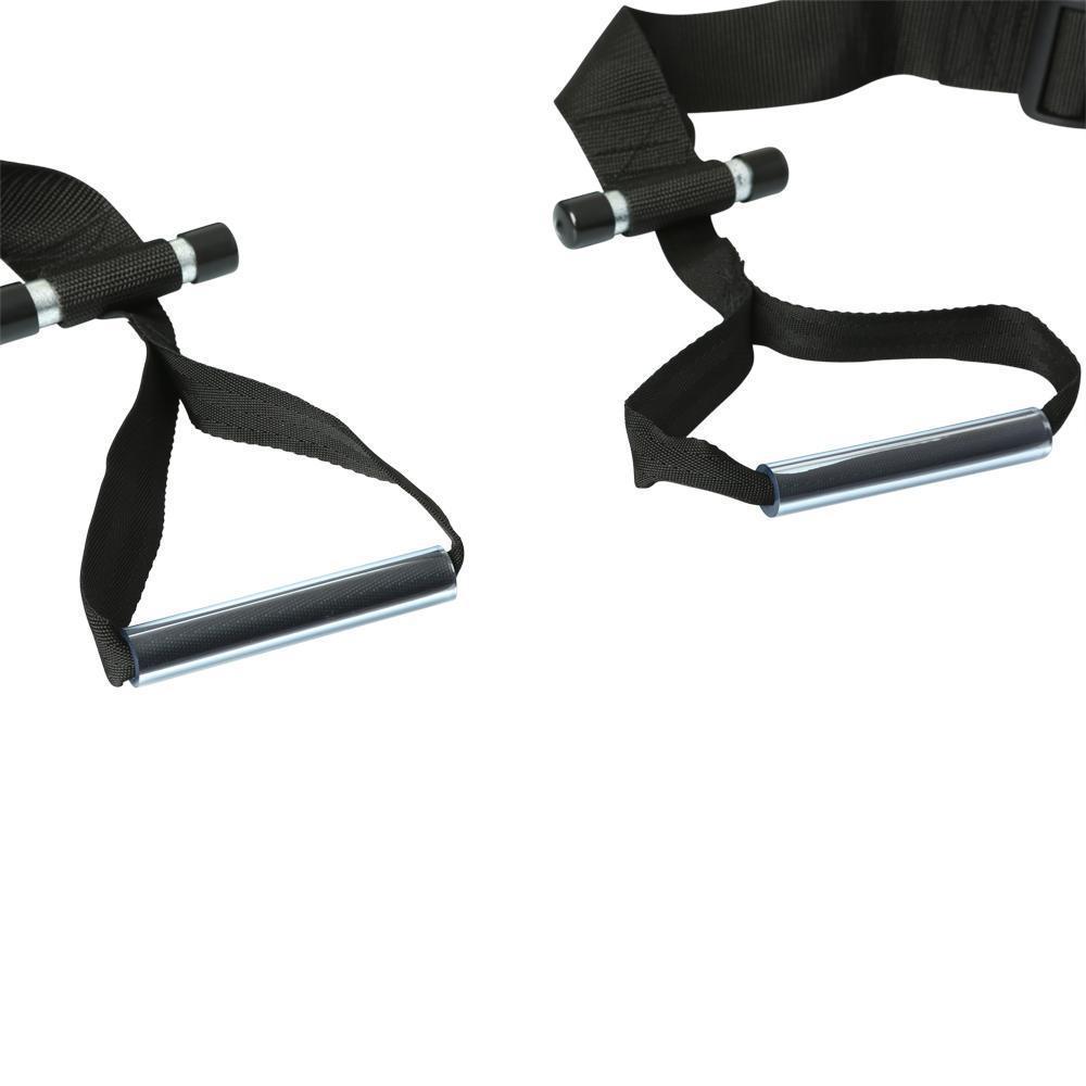 Close-up of the hand grip handles of the Sportsheets Door Jam Sex Sling. The image shows that these are thick, plastic cylinders that the nylon straps run through the center. | Kinkly Shop