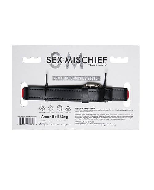 The backside of the packaging for the Sportsheets Amor Breathable Ball Gag | Kinkly Shop