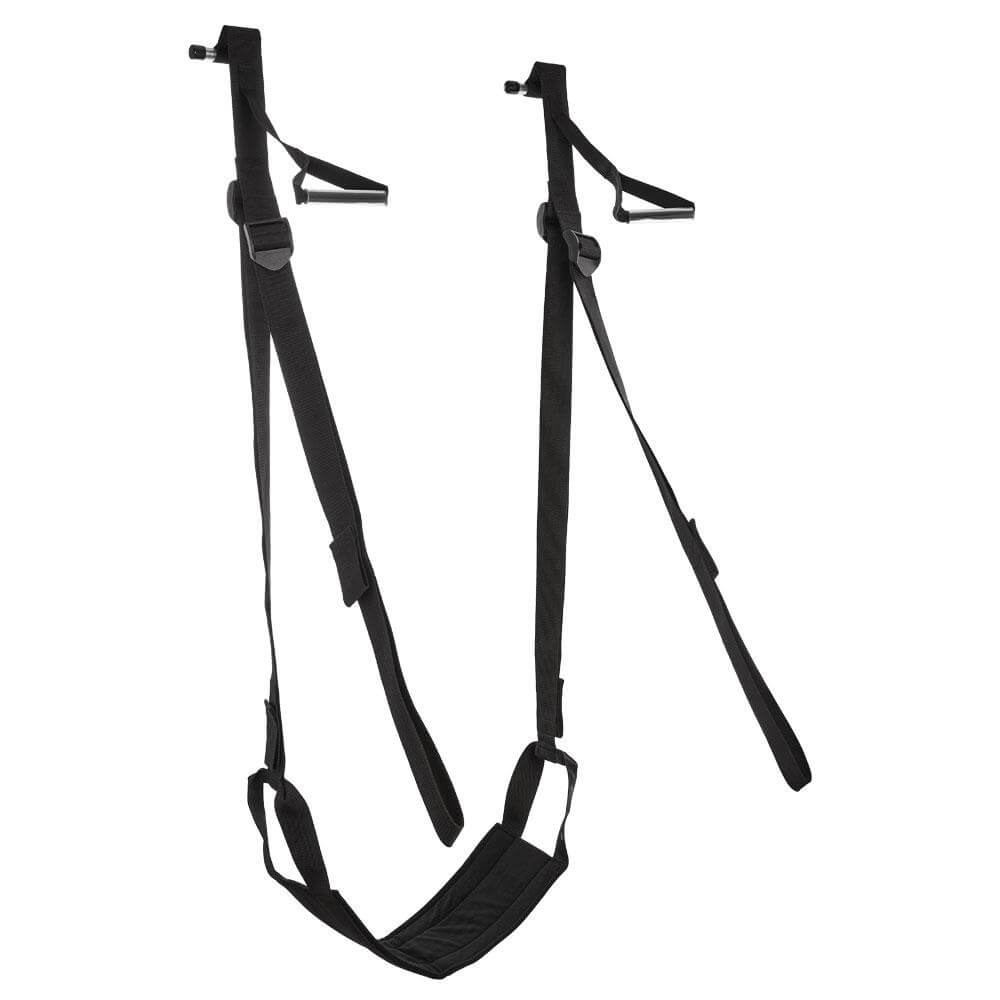 Sportsheets Door Jam Sex Sling as if it was being hung from a door. Shows the various straps and designs of the Sportsheets Door Jam Sex Sling. | Kinkly Shop