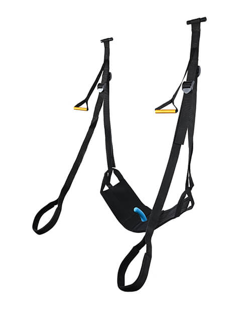 Sportsheets Door Jam Sex Sling Special Edition plus size sex swing shown hanging from an invisible door with a dildo attached to the bottom seat. | Kinkly Shop
