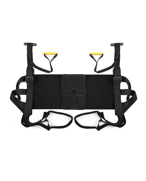 The Sportsheets Door Jam Sex Sling Special Edition plus size sex swing lying flat to show the various pieces of the sex swing. This allows you to easily view how wide the seat is, the gold-colored hand grips, the foot rests, and how wide and sturdy all of the straps are. | Kinkly Shop