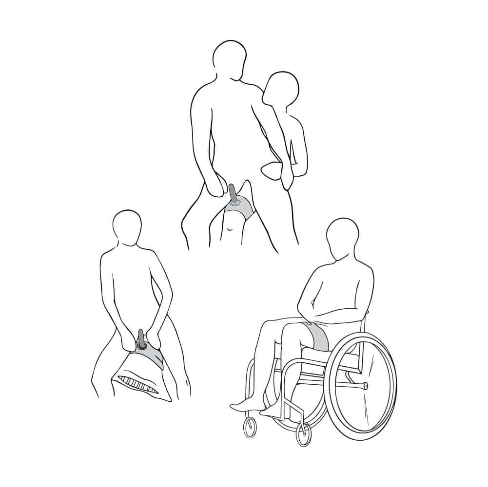 Sex position options with the Sportsheets Dual Penetration Thigh Strap-On Harness. The illustrated people show a couple sharing the harness while it's on one person's thigh, someone riding a dildo solo while the thigh harness is attached to a pillow, and someone in a wheelchair wearing the harness. | Kinkly Shop