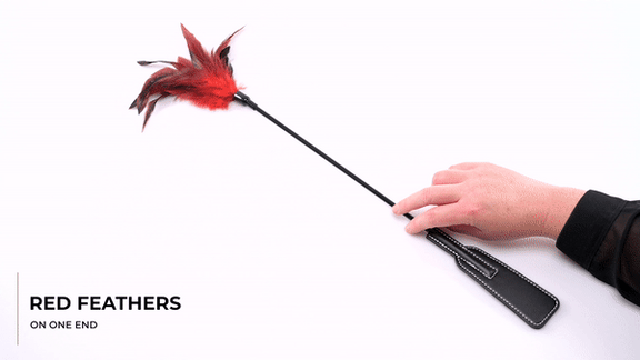GIF showing a person handling the Sportsheets S&M Feather Slapper. The person trails the feather over their skin and then flips the Slapper over to the other side to show how the slapper moves. | Kinkly Shop