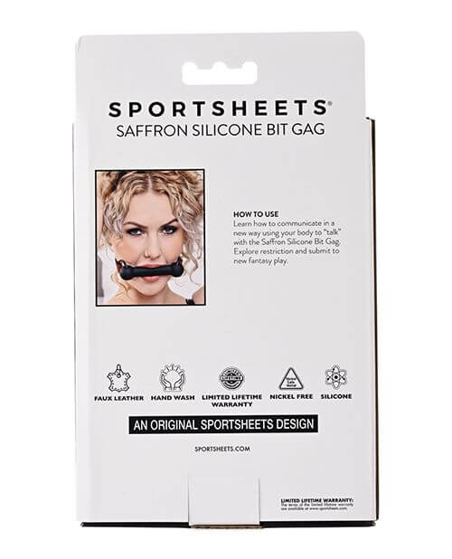 Backside of the packaging for the Sportsheets Saffron Silicone Bit Gag | Kinkly Shop
