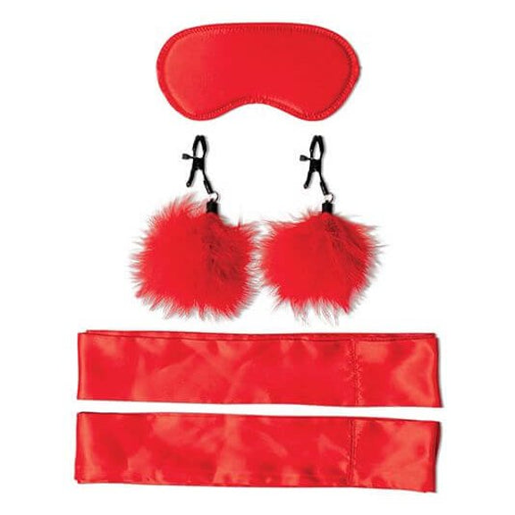 Everything included in the Sportsheets Amor Bondage Kit laid out flat. The red blindfold is laid flat next to two feathered nipple clamps and two satin sashes. | Kinkly Shop