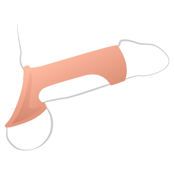 Illustrated penis. Shown on type of the shaft is the Stealth Shaft Support which is holding up the penis in an erect shape. The head of the penis is available to sensation, and a giant opening underneath the Stealth Shaft Support means the bottom of the shaft is available for sensation as well. The testicles sit outside of the toy after being fed through the testicle hole at the base. | Kinkly Shop