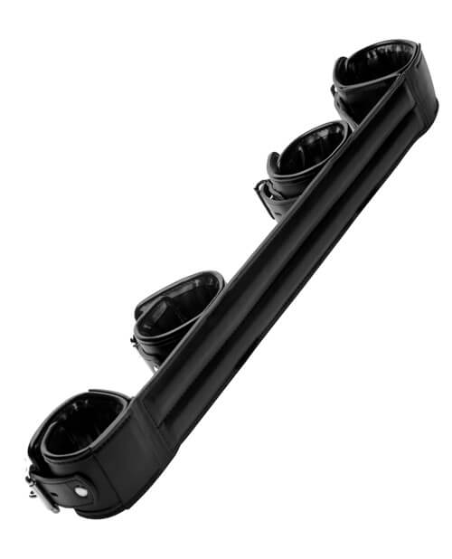 Another view of the STRICT Spreader Bar shows the smooth "backside" where the cuffs aren't attached. The image clearly shows the rigid metal bars encased within the PU Leather. | Kinkly Shop