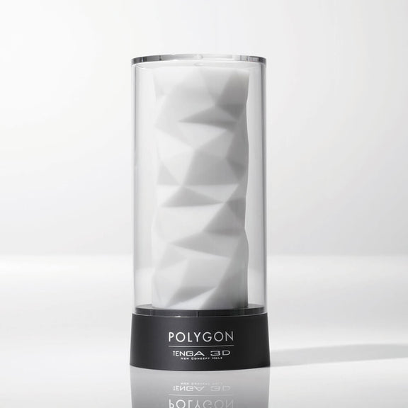 The Tenga 3D Polygon variant sitting on its drying/storage stand. The lid is on top of the stand to display how it looks for display. | Kinkly Shop