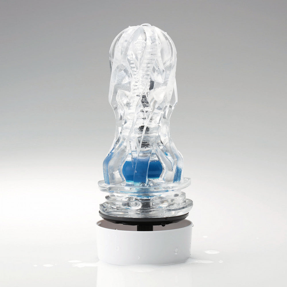 Tenga Aero Cobalt's elastomer sleeve sitting on top of the drying stand to show the interior texture. | Kinkly Shop