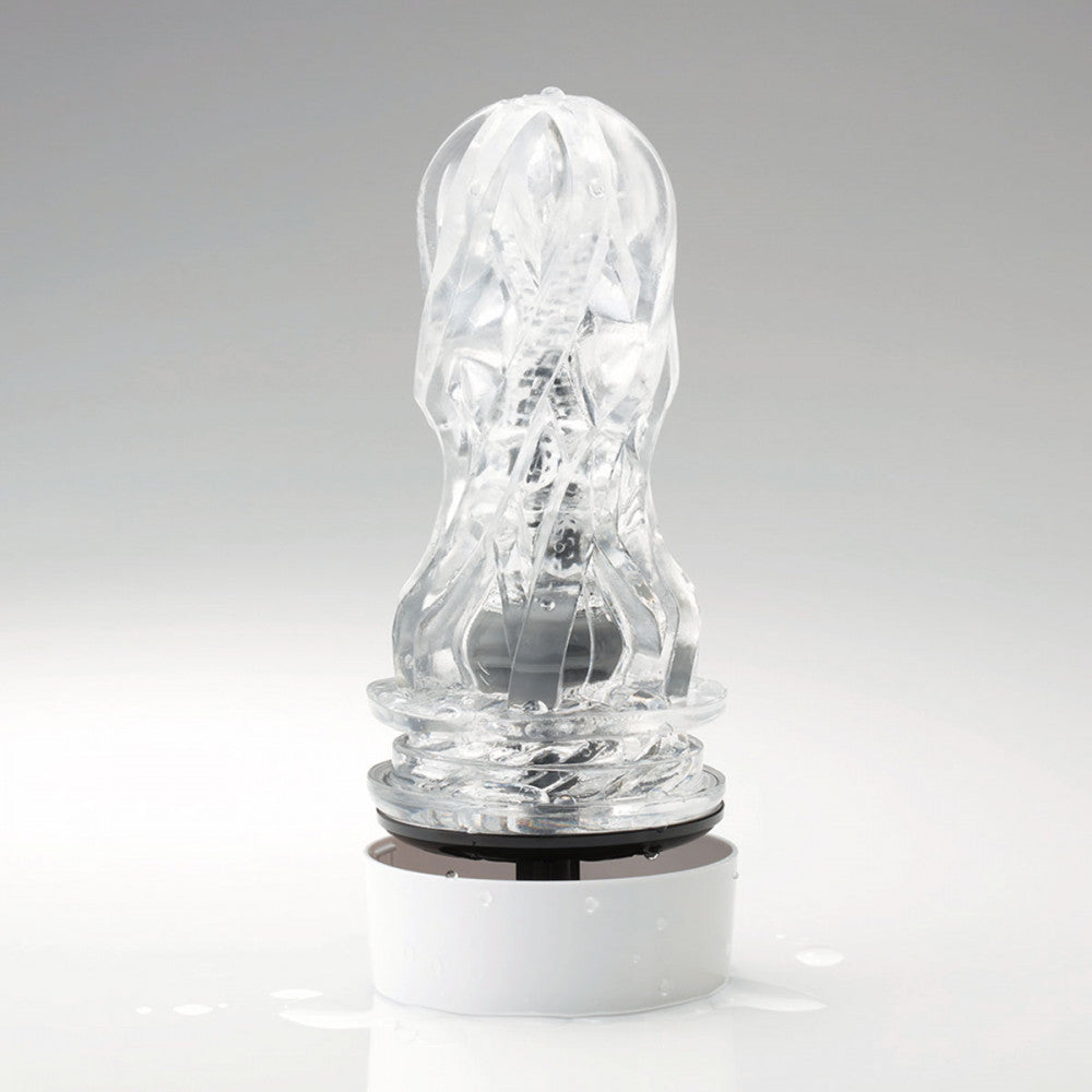 Tenga Aero's Silver Elastomer sleeve sitting out on top of the drying stand to show the interior texture. | Kinkly Shop