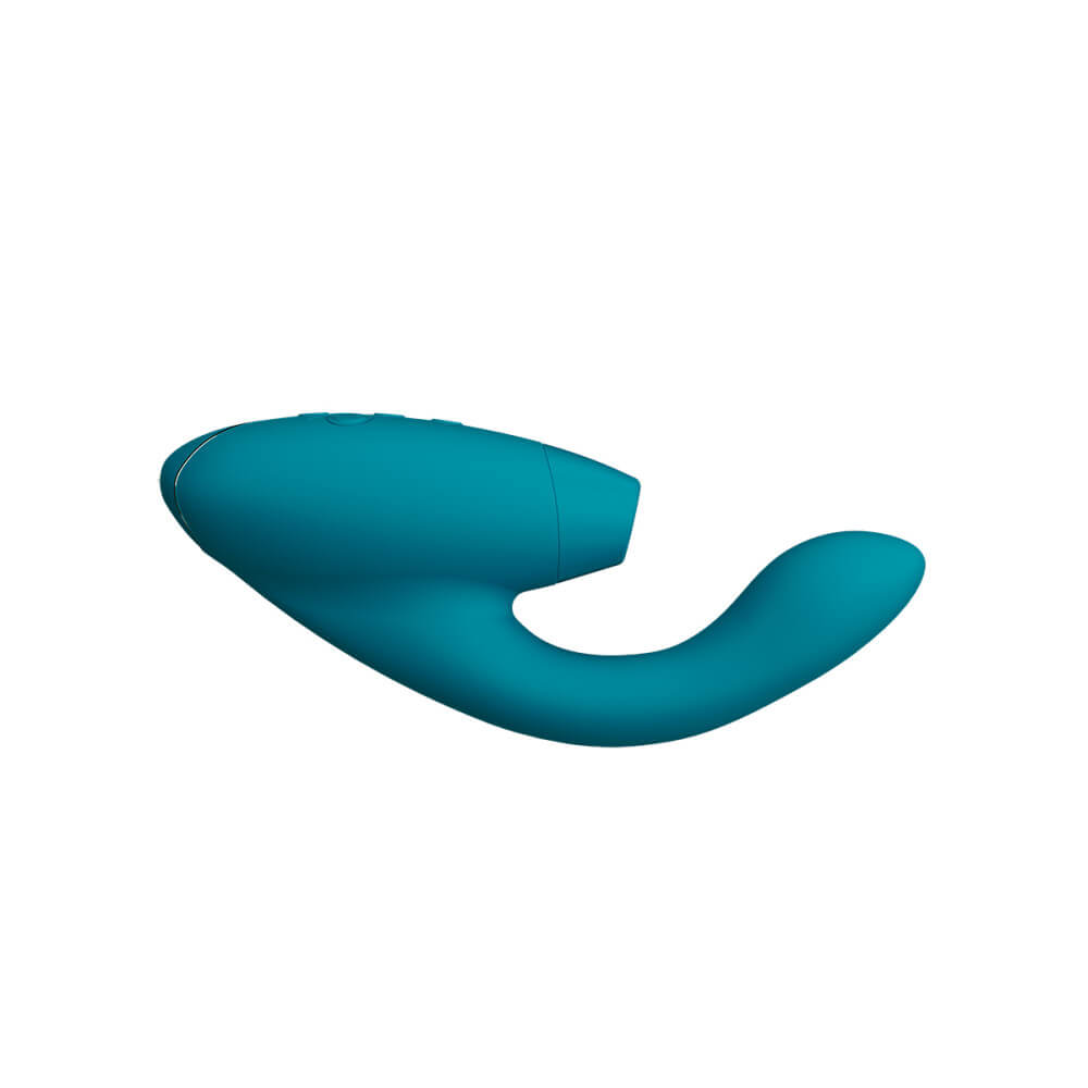 A side view of the Womanizer Duo 2. This shows the upwards, g-spot angle of the vibrating shaft as well as the large, flat design of the control panel that makes it easy to control the functions of the Womanizer Duo 2. | Kinkly Shop