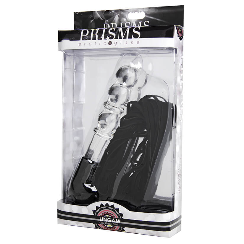 Packaging for the Lingam Glass Dildo Flogger. It comes in a see-through box that easily showcases the toy that's inside of the box. There is a lot of excess plastic, and it can't be used for long-term storage of the toy. | Kinkly Shop