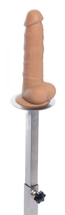 A close-up of the Master Series Squat Impaler dildo area to show how a suction cup dildo would fit onto the Impaler. The Squat Impaler has a flat, metal platform where the suction cup dildo fits on. | Kinkly Shop
