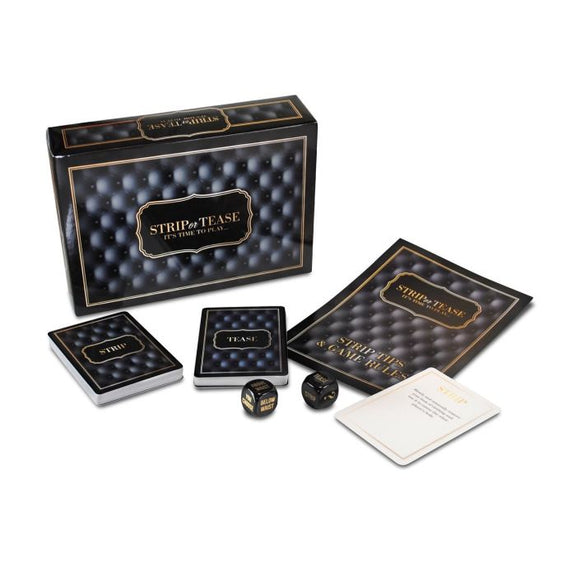 The Strip or Tease Game box shown next to all of the game contents included. | Kinkly Shop
