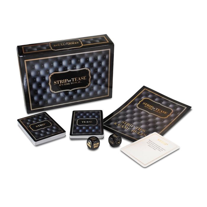 The Strip or Tease Game box shown next to all of the game contents included. | Kinkly Shop