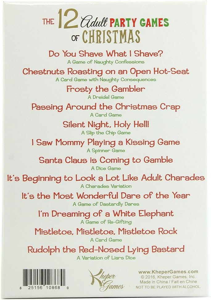 Backside of the The 12 Adult Party Games of Christmas packaging. It lists the 12 games that are included within the game box. | Kinkly Shop