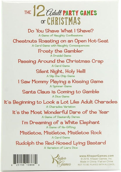Backside of the The 12 Adult Party Games of Christmas packaging. It lists the 12 games that are included within the game box. | Kinkly Shop