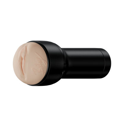 A close-up of the orifice of the FeelStars FeelBritney Stroker that showcases the signature etched into the stroker. | Kinkly Shop