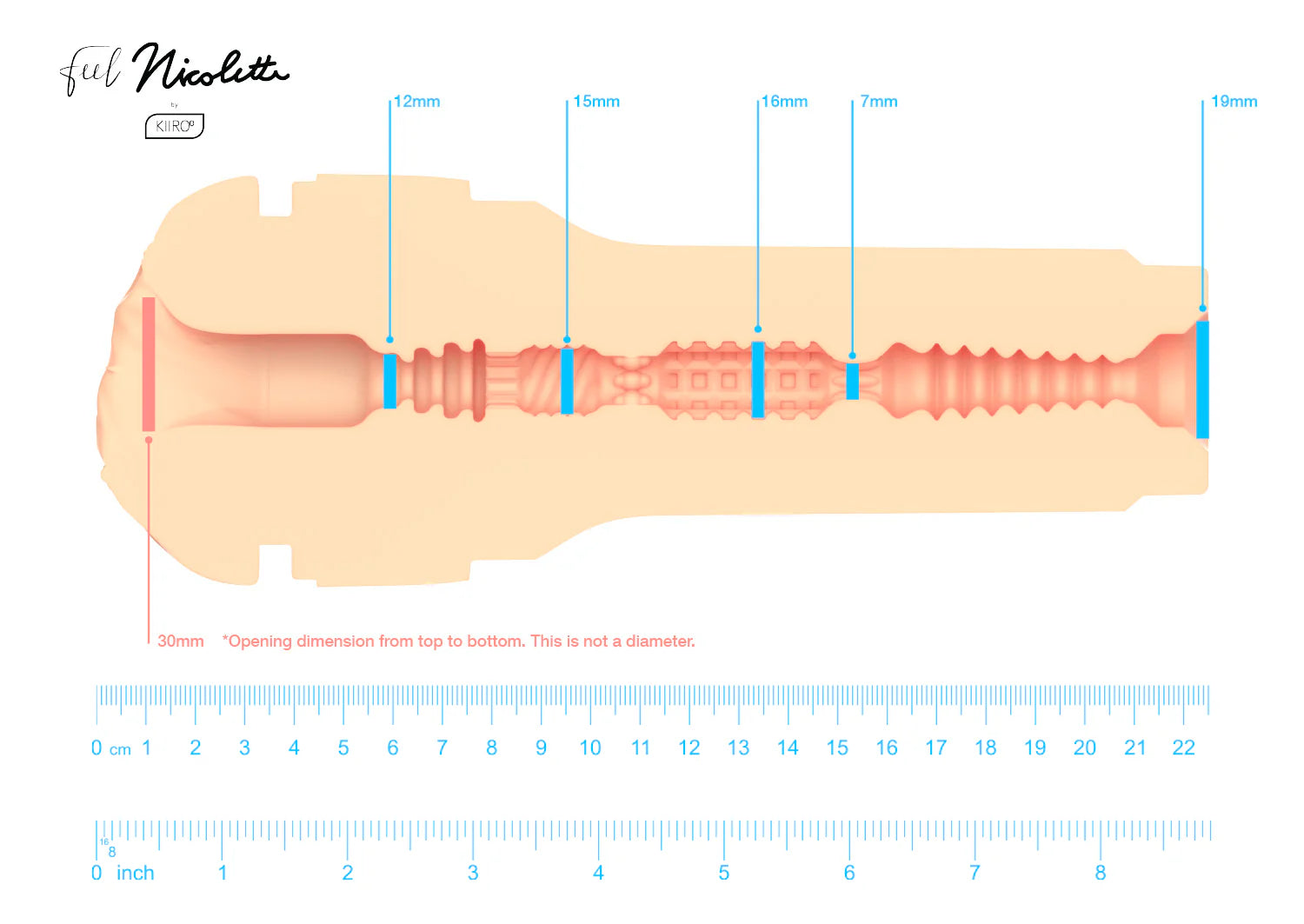 A cross-section of the KIIROO FeelStars FeelNicolette Stroker shown with measurements of all of the internal tightnesses of the areas inside of the stroker. | Kinkly Shop