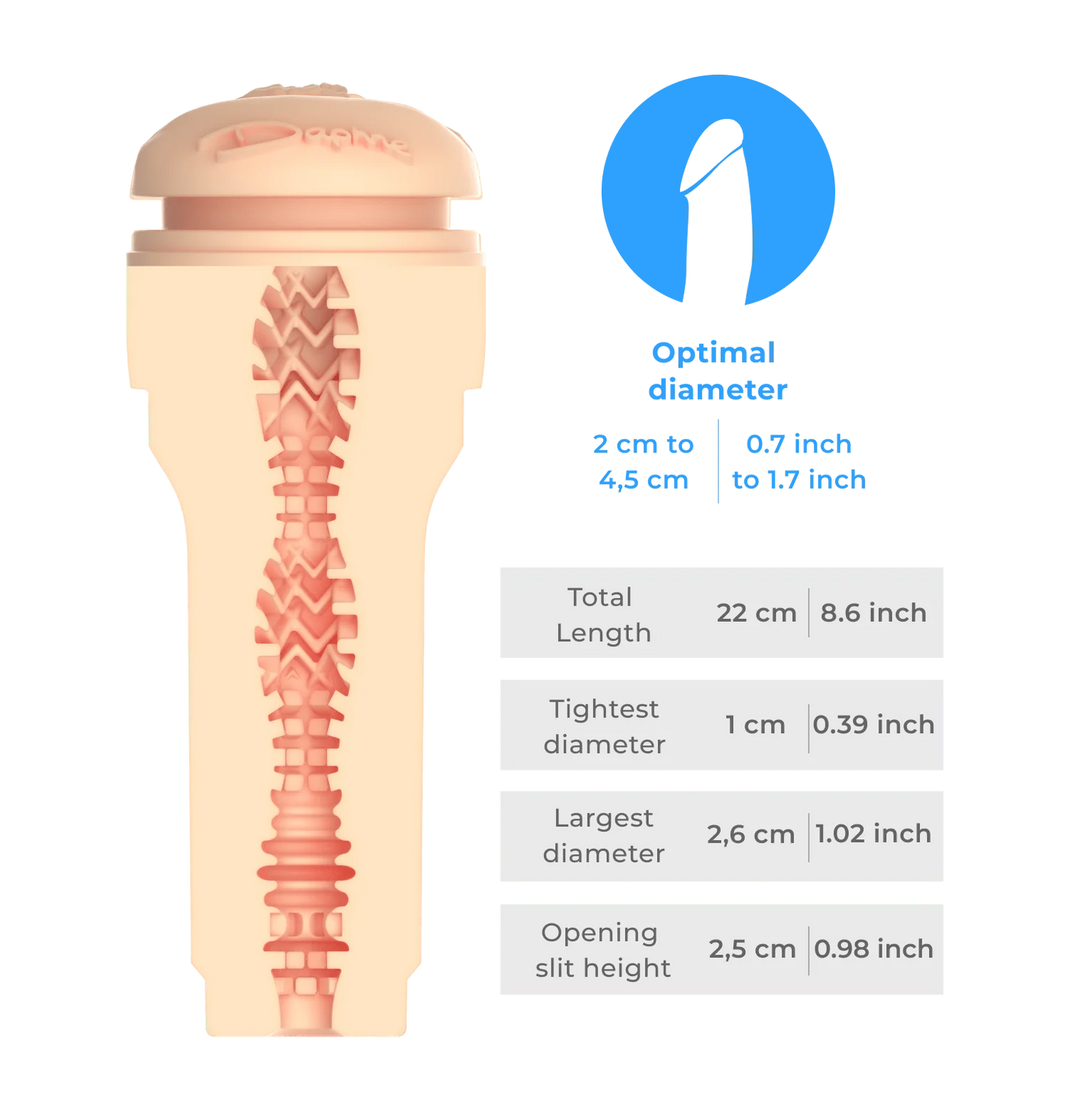 Measurements for the FeelStars FeelDaphne Stroker. All of the measurements are written in text in the product description. | Kinkly Shop