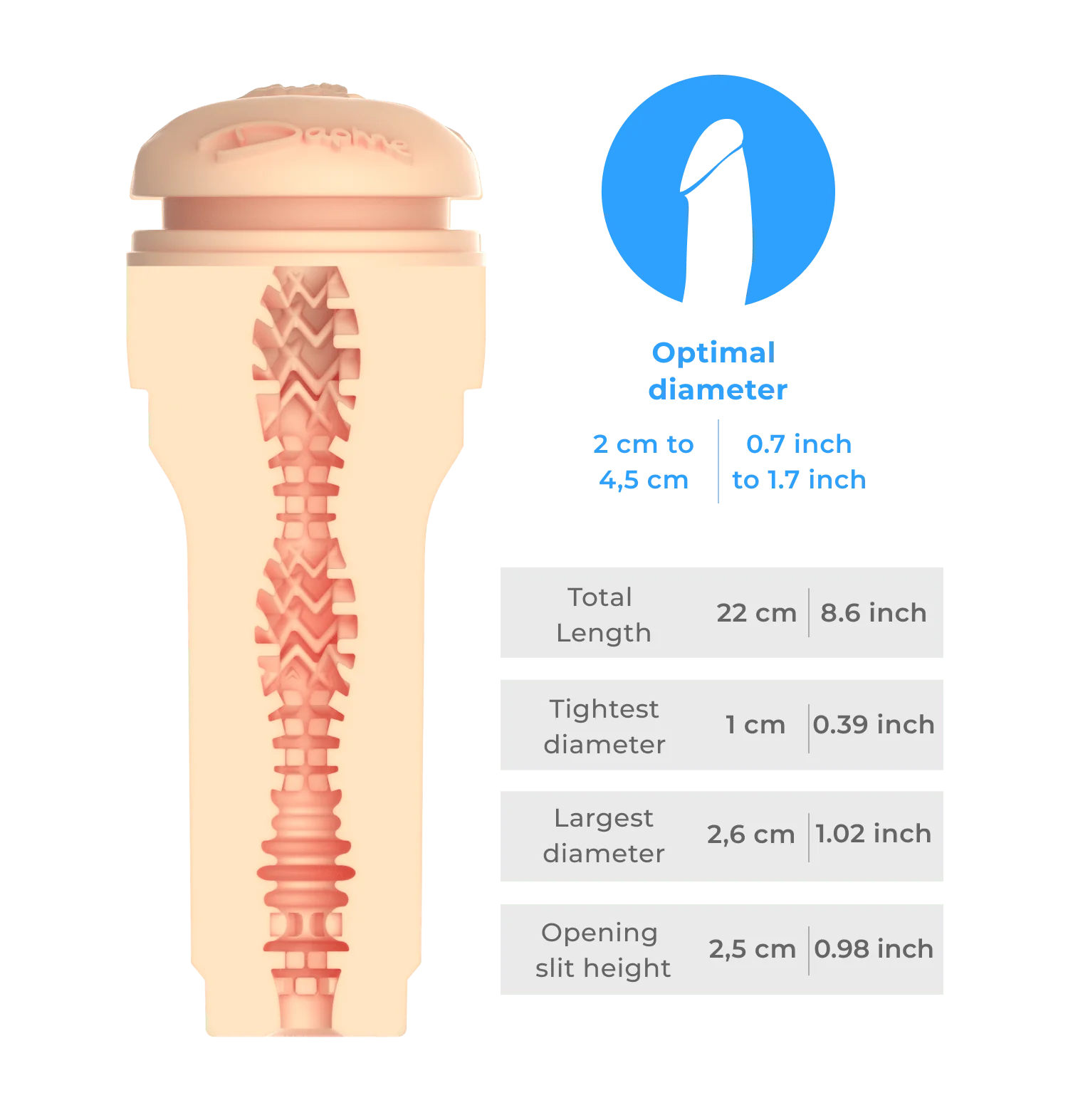 Measurements for the FeelStars FeelDaphne Stroker. All of the measurements are written in text in the product description. | Kinkly Shop