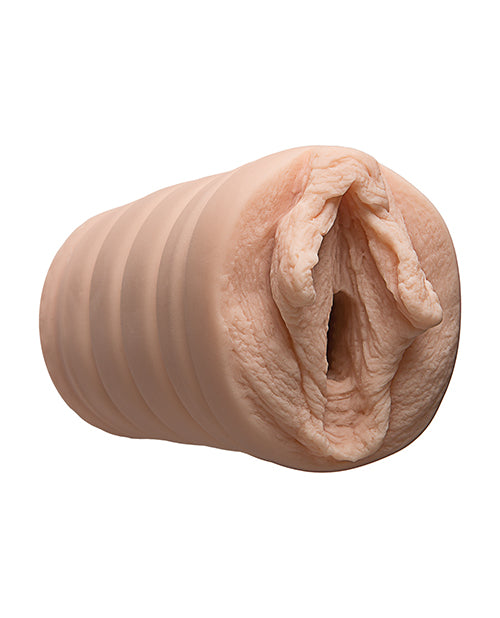 The Signature Strokers Kimberly Kane stroker in front of a plain white background. The entrance of the stroker is modeled directly from the porn star's vulva. | Kinkly Shop