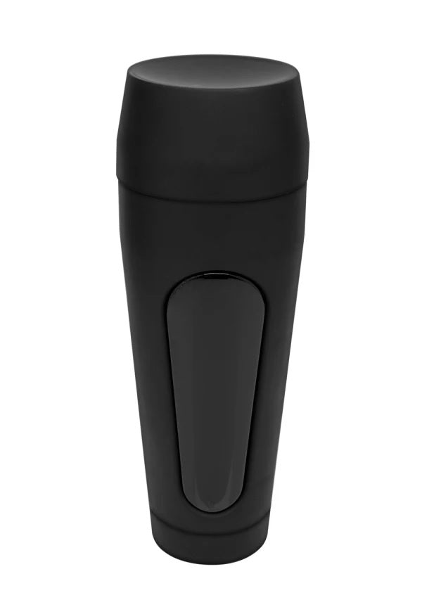 The Main Squeeze - Scarlit Scandal stroker with the end cap and lid all screwed on. The plastic case is black and discreet with no discernible markings on it. | Kinkly Shop