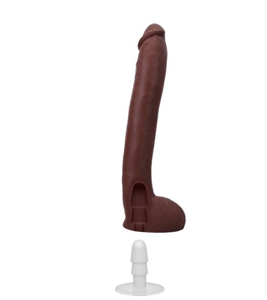A cross-section at the base of the Signature Cocks - Hollywood Cash dildo showcases the hollow Vac-U-Lock chasm at the base of the dildo. This cross-section shows how the dildo could work with other Vac-U-Lock dildo accessories. | Kinkly Shop