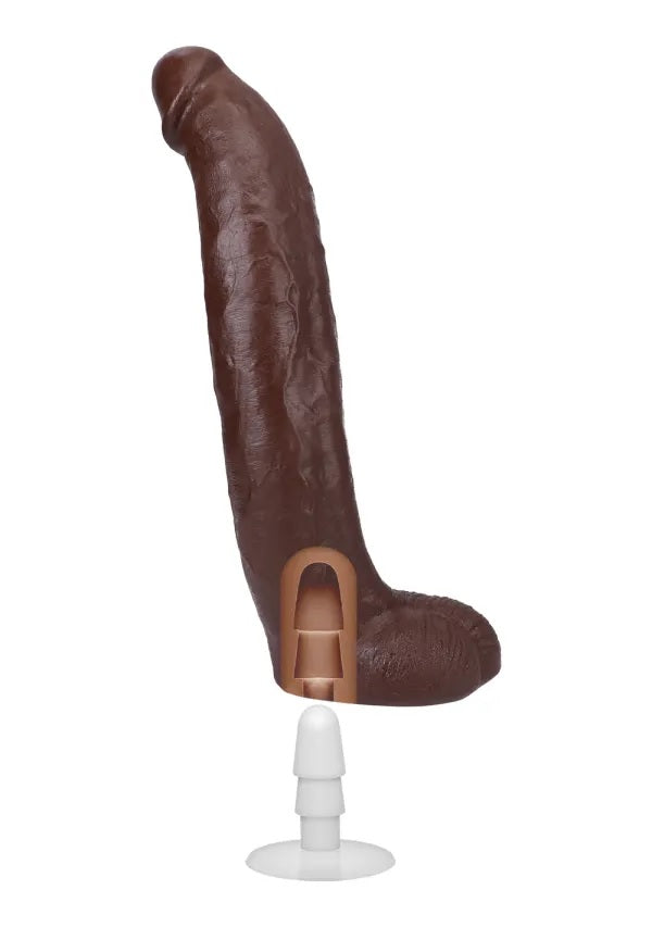 A cross-section of the Signature Cocks - Brickzilla dildo shows the Vac-U-Lock empty channel at the base of the dildo that makes it compatible with Vac-U-Lock accessories. | Kinkly Shop