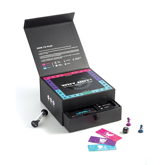 The Why Not? Spicy Board Game out on a plain white background. The meeples, cards, dice, and timer are laying out next to the board game. | Kinkly Shop