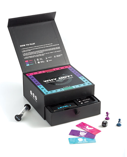 The Why Not? Spicy Board Game out on a plain white background. The meeples, cards, dice, and timer are laying out next to the board game. | Kinkly Shop