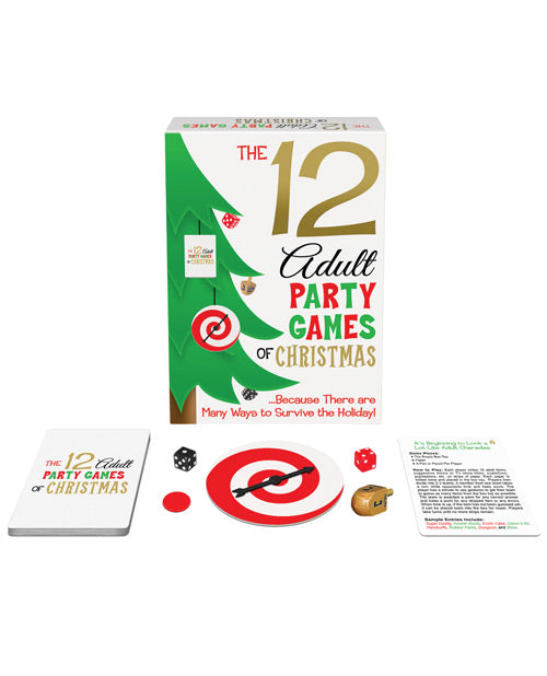 Everything that's included with the The 12 Adult Party Games of Christmas. There's the cards with the games on them, the two dice, the flip token, the spinner, and a dreidel. | Kinkly Shop