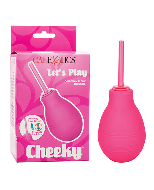 The Cheeky One Way Flow Enema Bulb shown next to its packaging | Kinkly Shop