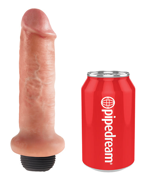 The King Cock 6" Squirting dildo shown next to a soda can to showcase the thickness of the dildo. | Kinkly Shop