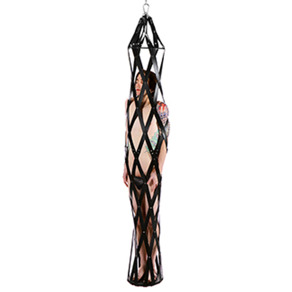 A person trapped inside of the Hanging Rubber Strap Cage which looks like a gigantic vertical finger trap. | Kinkly Shop
