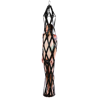 A person trapped inside of the Hanging Rubber Strap Cage which looks like a gigantic vertical finger trap. | Kinkly Shop