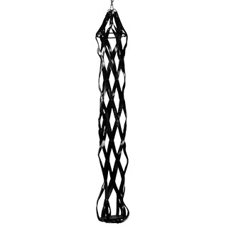 The empty Hanging Leather Strap Cage in front of a plain white background. It looks like a finger trap design. | Kinkly Shop