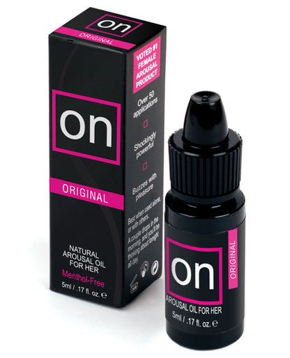 The bottle of the On Natural Arousal Oil - Original next to the box packaging that it comes in. | Kinkly Shop