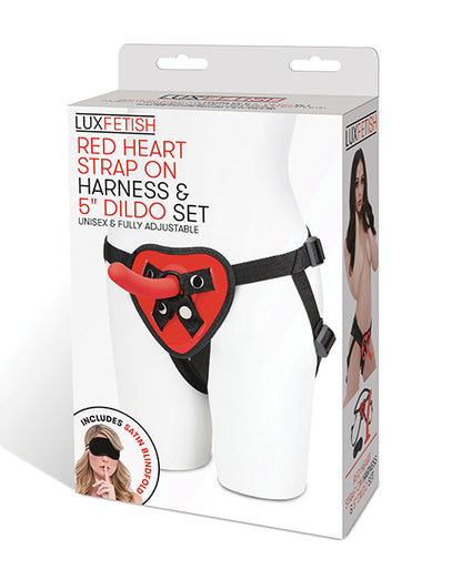 Packaging for the Lux Fetish Red Heart Strap-On Set | Kinkly Shop
