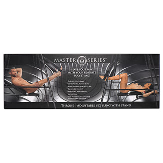 Retail packaging for the Throne Adjustable Sex Sling with Stand. This packaging will be shipped inside of a plain cardboard box for discretion to your doorstep. | Kinkly Shop