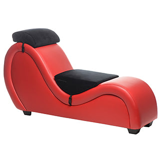 The Kinky Couch Bondage Sex Chaise in Red. It has black bolster cushions that come with it. | Kinkly Shop