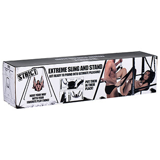 Retail packaging for the Extreme Sling with Sling Stand. This box will come inside of plain brown cardboard boxes to ensure it's shipped discreetly. | Kinkly Shop